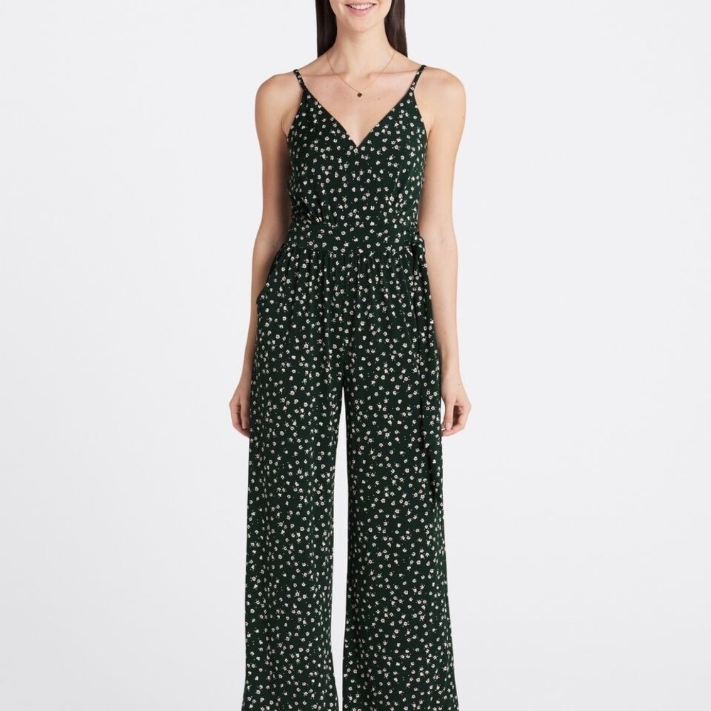 Kaileigh Ditsy Floral Wide Leg Forest Green Faux Wrap Sleeveless Jumpsuit XL - Picture 1 of 9